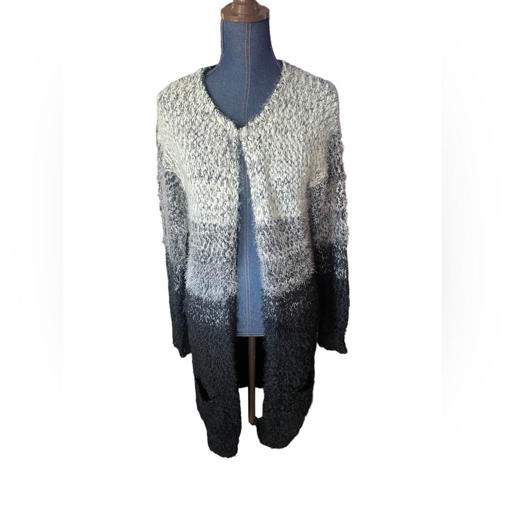 Escio Ombre white grey black Eyelash Cardigan sweater duster size large L